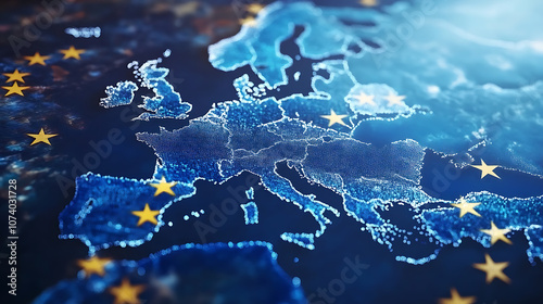 Digital map of western europe depicting eu network connectivity abstract technology concept illustration