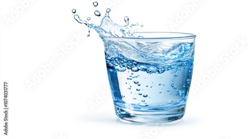 Mid-motion splash of water spilling from a glass, droplets isolated, on a bright white background