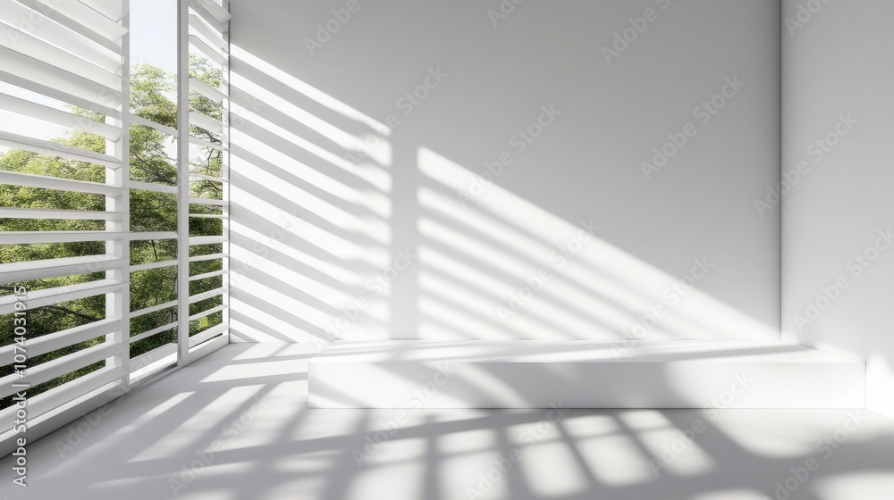 Fototapeta premium Minimalist abstract white background with linear patterns and shadows, giving a refined, modern touch