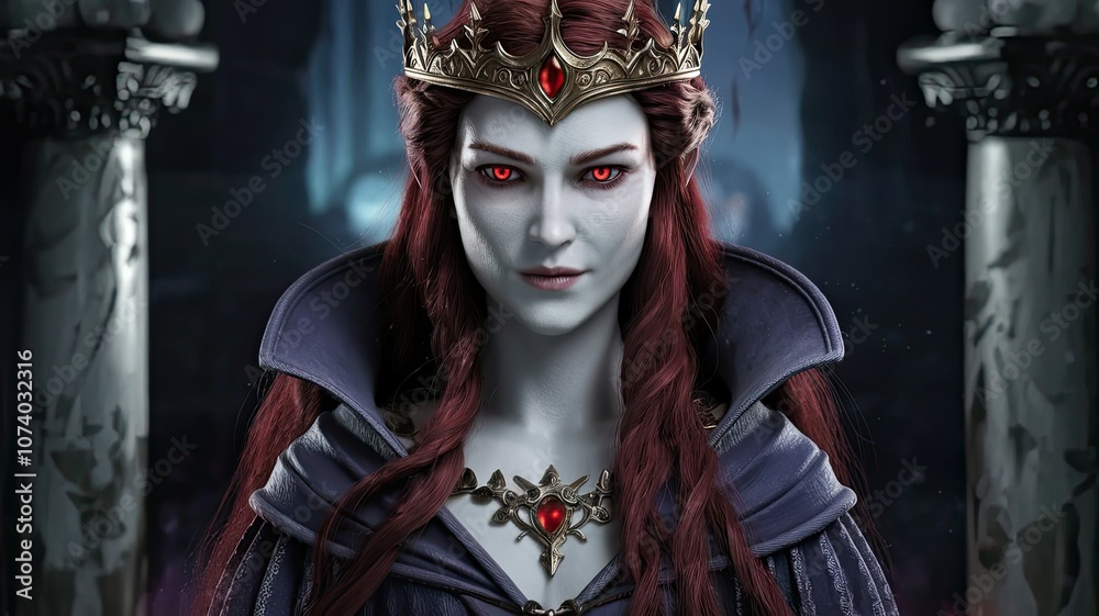 The queen stands confidently her striking red eyes and intricate crown capturing attention in a mystical shadowy environment filled with ancient pillars The queen stands confidently her striking red eyes and intricate crown capturing attention in a mystical shadowy environment filled with ancient pillars