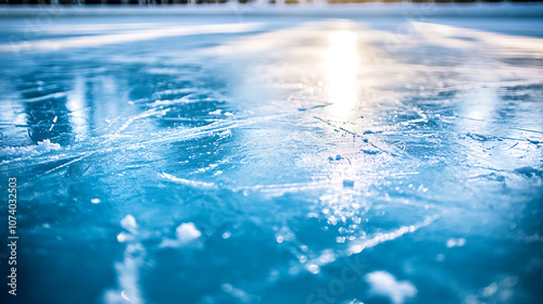 Frosty ice rink texture with cool blue tones and crystallike patterns abstract photography photo