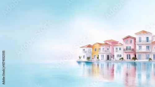 Colorful watercolor painting of vibrant houses reflecting on calm water in a serene setting