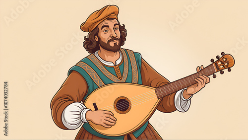 minstrel lute trubadour vector. troubadour music, instrument ancient, musical renaissance minstrel lute trubadour web flat cartoon illustration photo