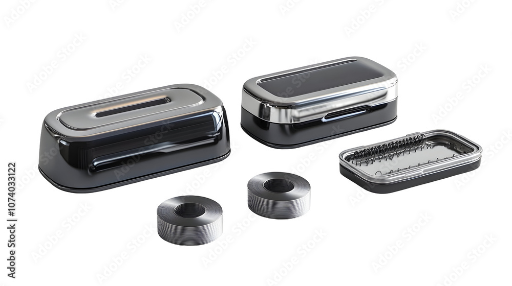 Black and chrome metallic rectangular containers with a spring mechanism isolated on a white background.