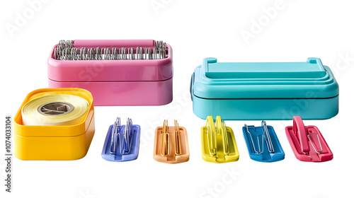 Colorful plastic containers with metal clips and a roll of tape isolated on a white background, transparent background PNG. photo