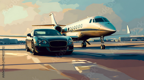 Luxury car and private jet on airport runway business class shuttle service digital art