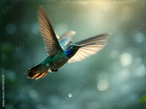 Create a Cinematic Masterpiece: A Swift Hummingbird in Fiery Passion Amidst Ethereal Mist photo