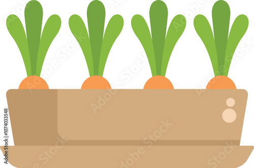 Four carrot plants growing in a wooden planter box with a drip tray