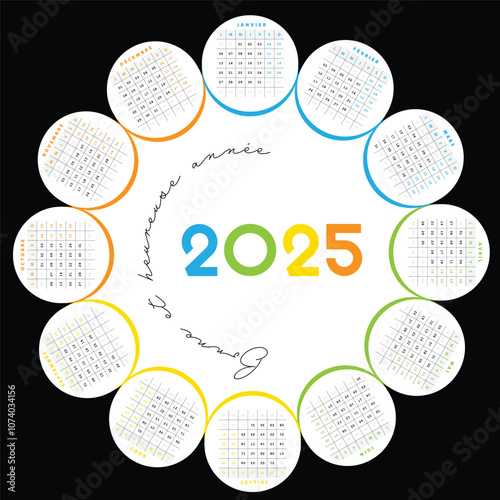 Calendrier 2025 Créatif et Coloré, Design Vectoriel de calendrier Français Nouvelle Année 2025