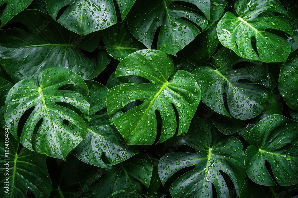 Lush Green Monstera Leaves with Water Droplets Lush Green Monstera Leaves with Water Droplets