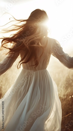 a model in a long white dress running with arms outstretched. View is from behind. Her hair is flowing in the wind. Her dress is trailing behind her. There is sunlight falling on her face from the upp photo