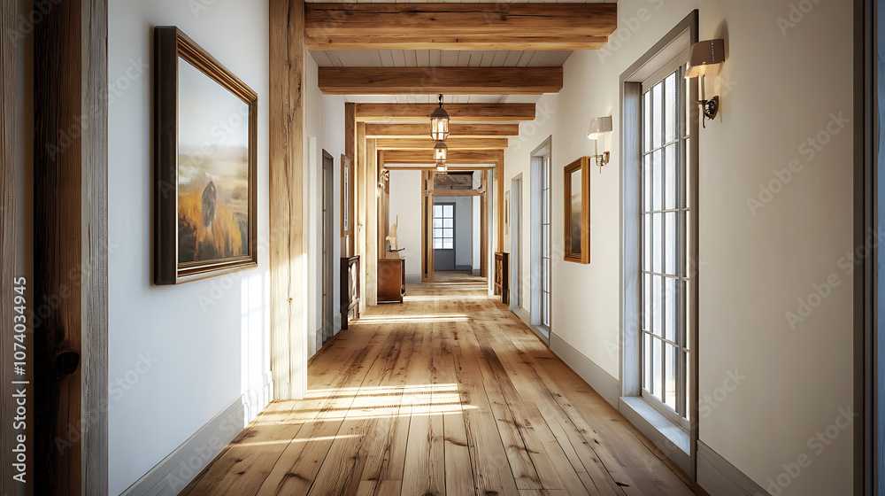 Warm rustic corridor design with natural wood floors and white walls home interior photography Warm rustic corridor design with natural wood floors and white walls home interior photography