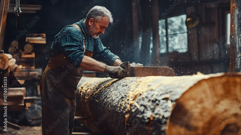 Lumber industry workers sawing large logs in a traditional wooden workshop Lumber industry workers sawing large logs in a traditional wooden workshop
