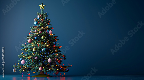 Christmas tree adorned with colorful decorations stands against a dark blue background, accented by the soft glow of bokeh lights. This image could serve as a banner design. Copy space available