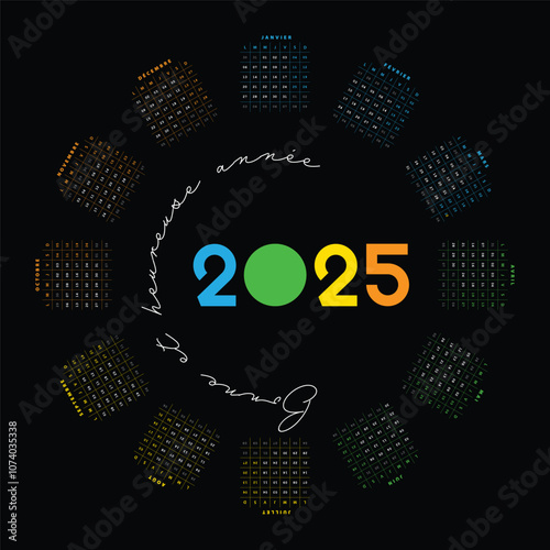 Calendrier 2025 Créatif et Coloré, Design Vectoriel de calendrier  circulaire Français Nouvelle Année 2025