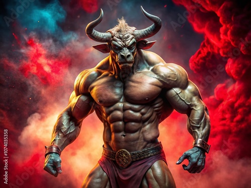 A Fearsome Minotaur in Battle Stance Against a Vivid Bloodred Background Capturing the Essence of Urban Exploration and Mythical Creatures