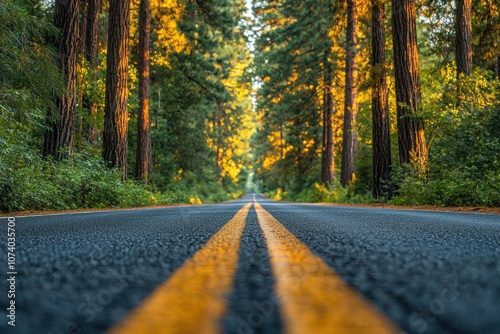 A Straight Asphalt Road Through a Dense Forest, with Double Yellow Lines