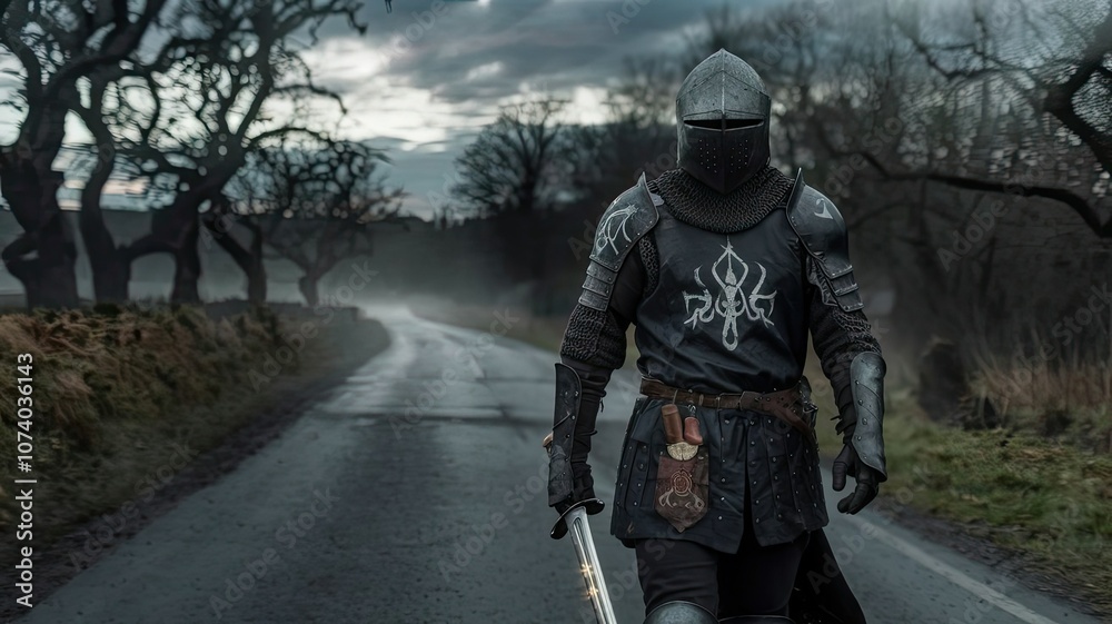A heavily armored knight strides confidently down a winding road flanked by eerie trees shrouded in mist and shadow during dusk A heavily armored knight strides confidently down a winding road flanked by eerie trees shrouded in mist and shadow during dusk