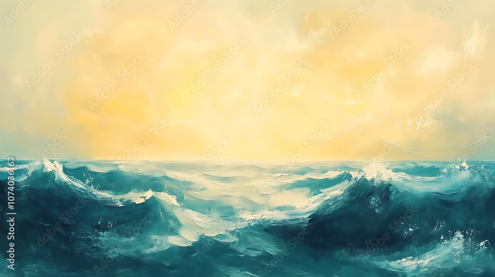 Fototapeta premium Romantic gold sky and teal ocean waves abstract seascape painting with copy space