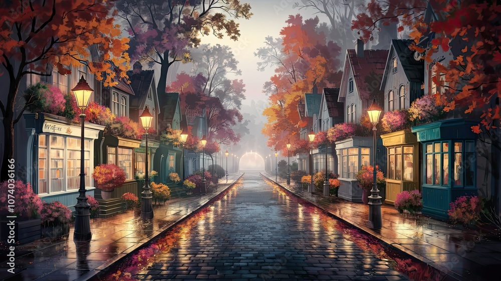 Fototapeta premium A serene autumn morning showcases a picturesque street with vibrant foliage cozy homes and warm lamps inviting a peaceful stroll