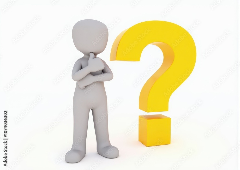 gray man 3d model thoughtful next to him question mark