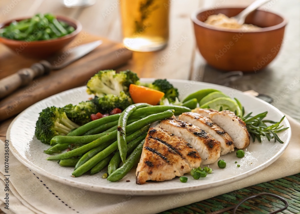 A Mouthwatering Plate of Delicious Chicken and Fresh Green Vegetables Served on a Rustic Wooden Table, Highlighting Culinary Artistry and Healthy Eating Choices