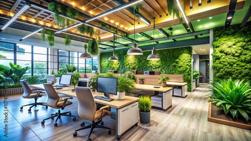 A Modern Eco-Conscious Office Design Featuring Energy-Efficient Lighting with Ergonomic Workstations, Promoting Sustainability and Productivity in a Contemporary Workspace Environment