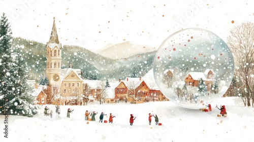 Watercolor Painting of a Snowy Village with a Snow Globe and Children Playing