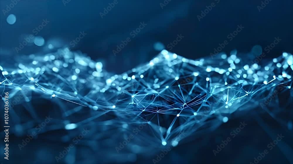Abstract digital network with interconnected nodes. Futuristic representation of data flow and technology systems. Plexus blue geometrical shapes motion