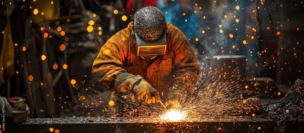 A welder in a workshop working on a metal structure, sparks fly from the welding torch. A welder in a workshop working on a metal structure, sparks fly from the welding torch.