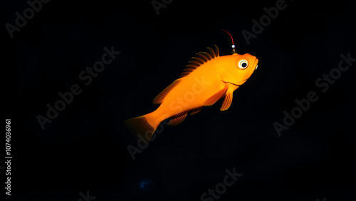 Vibrant orange anglerfish with bioluminescent lure on its head swims alone in dark, mysterious deep-sea water, surrounded by faint blue glow of marine sediment. photo