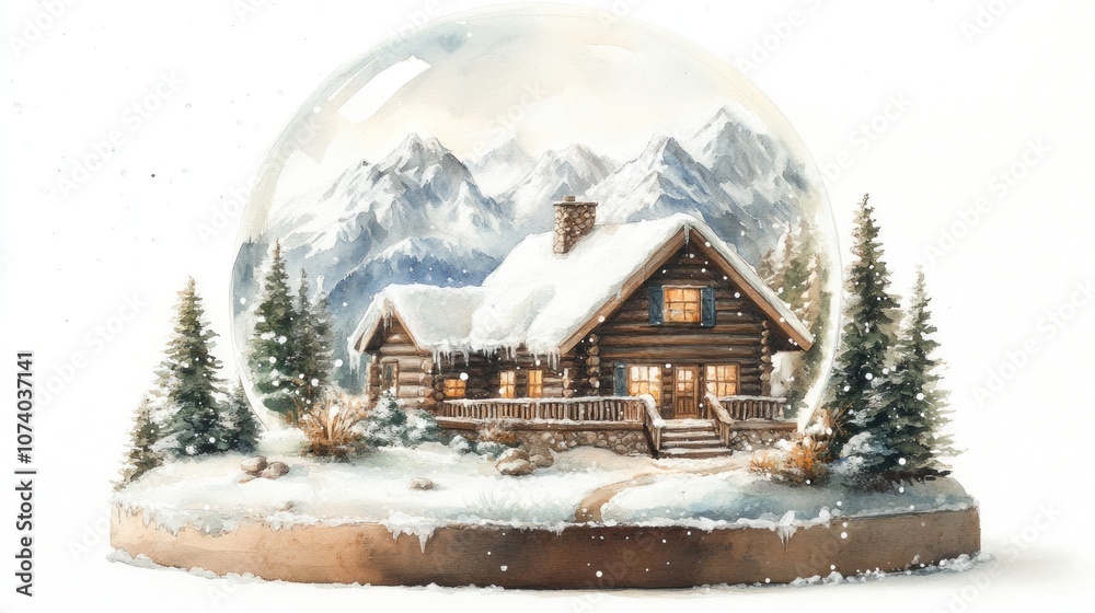 Naklejka premium Watercolor Painting of a Snowy Cabin in a Snow Globe