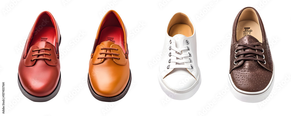 Four leather lace-up shoes with contrasting colors in a row with a white background, isolated from background.