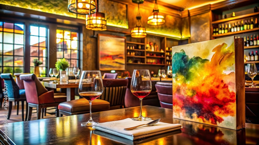 Architectural Photography of a Wine Bar Featuring a Beautifully Illustrated Watercolor Menu, Capturing the Essence of Fine Dining and Culinary Artistry in a Cozy Atmosphere Architectural Photography of a Wine Bar Featuring a Beautifully Illustrated Watercolor Menu, Capturing the Essence of Fine Dining and Culinary Artistry in a Cozy Atmosphere