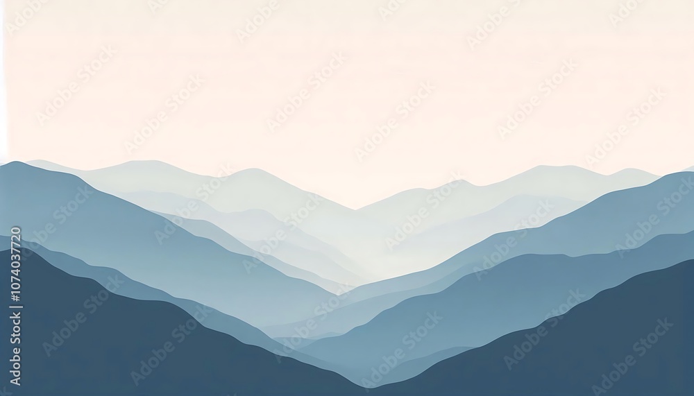 Calming minimalist mountain scene with soft fog,  nature-inspired designs and tranquil backgrounds