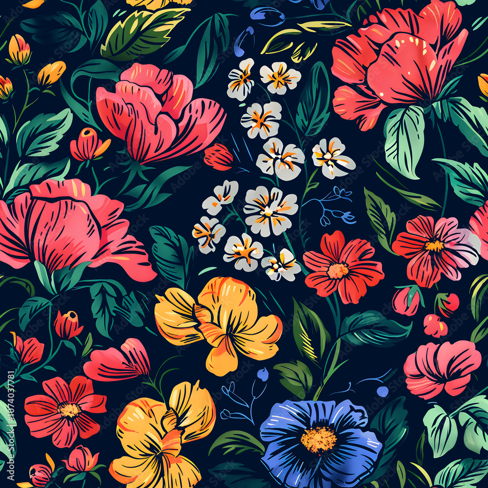 Seamless pattern of flowers with pink blue and navy background. Seamless pattern of flowers with pink blue and navy background.