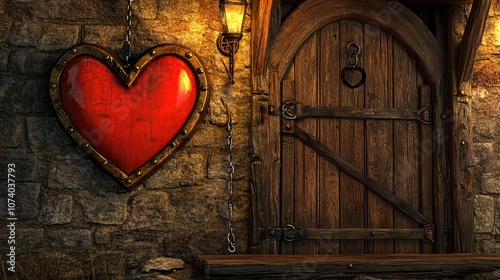 Medieval fantasy illustration of a heart-shaped wooden and iron sign hanging by two chains outside a business, close to the door. The sign features a smaller red heart symbol within, 