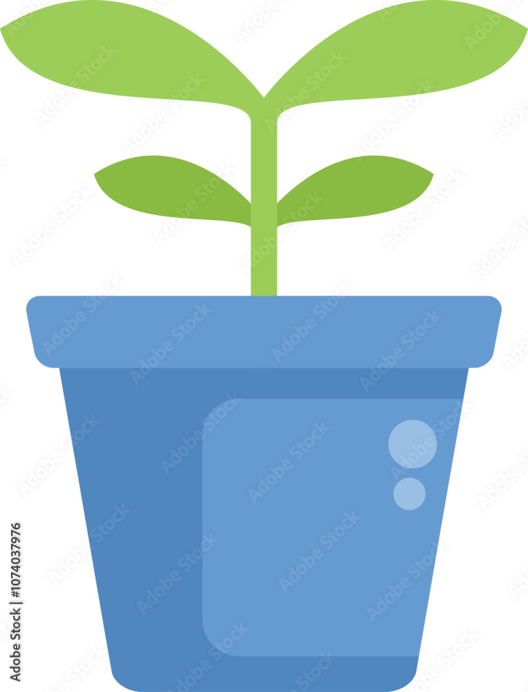 Simple icon of a small green plant growing in a blue pot, representing gardening Simple icon of a small green plant growing in a blue pot, representing gardening