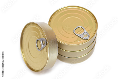 A Group of Stacked Tin Cans with Blank Edges Isolated on White Background. Canned Food. Different Aluminum Cans for Safe and Long Term Storage of Food. Steel Sealed Food Storage Containers - Isolation photo