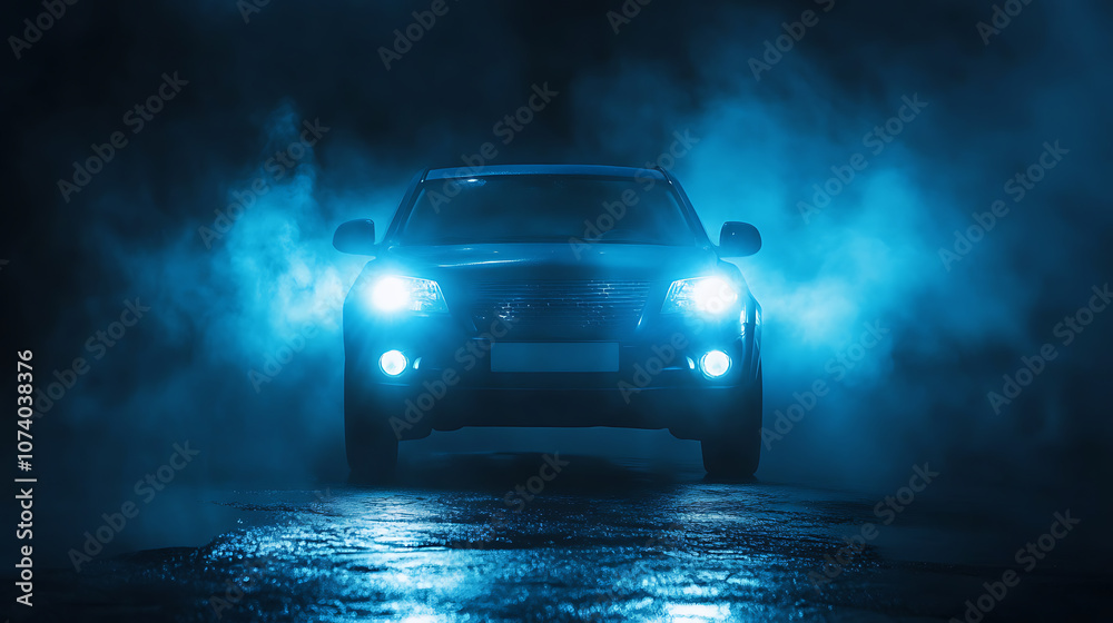 A blue SUV car with its headlights on is illuminated against the dark background, creating an atmospheric effect A blue SUV car with its headlights on is illuminated against the dark background, creating an atmospheric effect