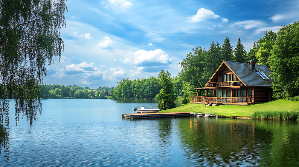 Obraz premium A beautiful lake house with a dock, large deck and green grassy yard In the summer, it was a sunny day