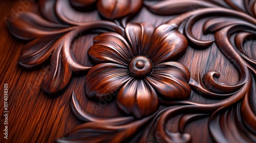 Intricate wooden carving featuring floral designs and elegant details.