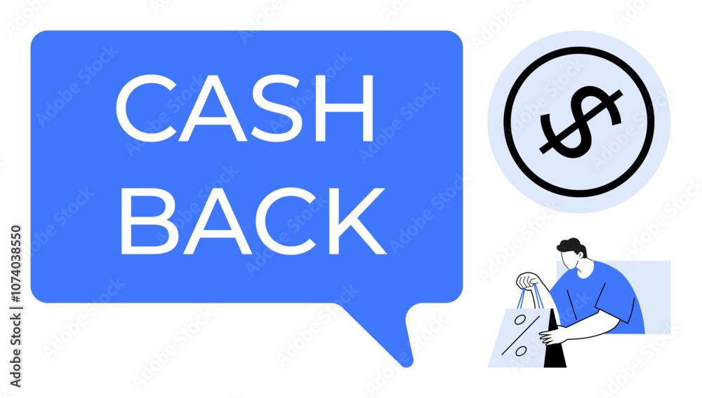 Large blue speech bubble with Cash Back text, circular dollar sign, person holding shopping bags. Ideal for promotional material, e-commerce, advertising, financial services, retail, consumer Large blue speech bubble with Cash Back text, circular dollar sign, person holding shopping bags. Ideal for promotional material, e-commerce, advertising, financial services, retail, consumer