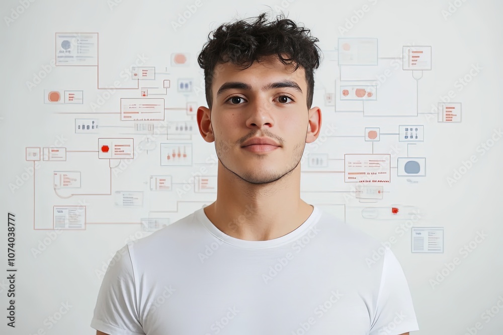 A young man stands confidently in front of an abstract data graphic in a modern setting, reflecting an atmosphere of innovation and technology A young man stands confidently in front of an abstract data graphic in a modern setting, reflecting an atmosphere of innovation and technology