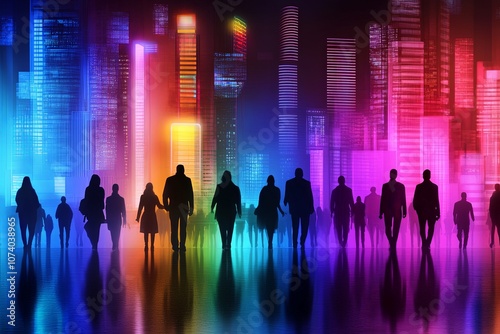 Silhouetted figures walk in a vibrant, illuminated urban landscape at night with colorful skyscrapers in the background