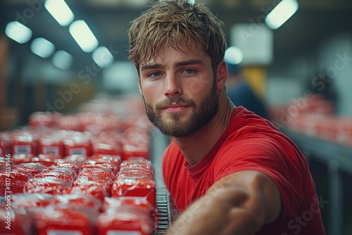 A Young Man in a Red Shirt Stands Near a Conveyor Belt of Red Products photo