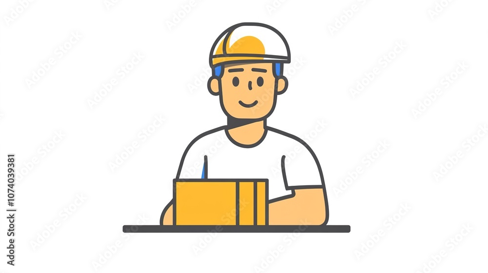 Minimalistic outline icon of a warehouse worker holding a box with a tired expression, symbolizing a traditional job role in a modern and simple style Minimalistic outline icon of a warehouse worker holding a box with a tired expression, symbolizing a traditional job role in a modern and simple style