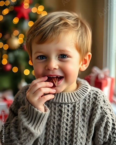 petit enfant qui mange un chocolat de Noël photo