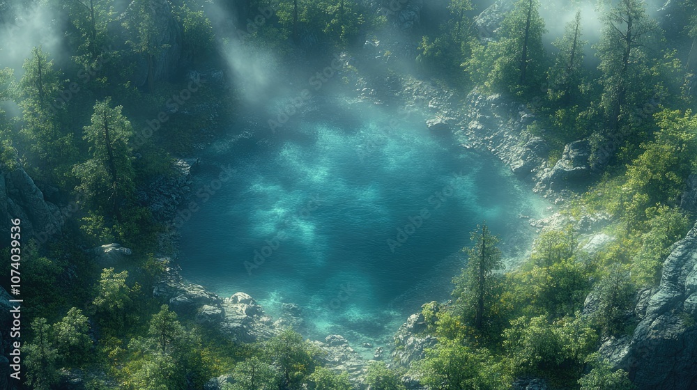 Fototapeta premium Aerial view of a hidden, turquoise lake surrounded by lush forest.
