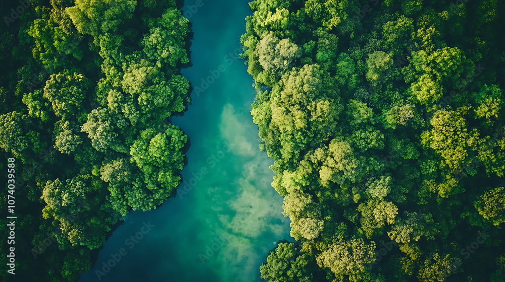 A lush forest with a clear river, symbolizing sustainability analytics and nature impact monitoring, Perfect for illustrating environmental supply chain control and eco-friendly practices A lush forest with a clear river, symbolizing sustainability analytics and nature impact monitoring, Perfect for illustrating environmental supply chain control and eco-friendly practices